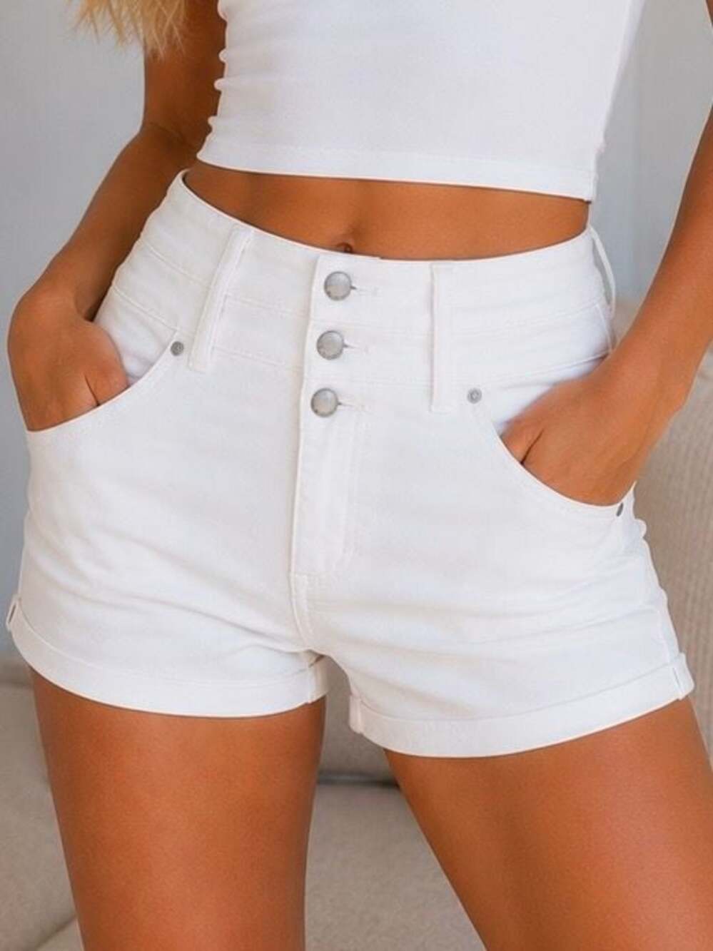 Tinseltown White High-Rise Cuffed Denim Shorts 3-Button Fly
